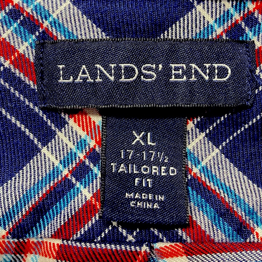 Lands’ End Flannel Shirt XL 17-17.5 Tailored Fit Navy Red Plaid - Picture 5 of 5